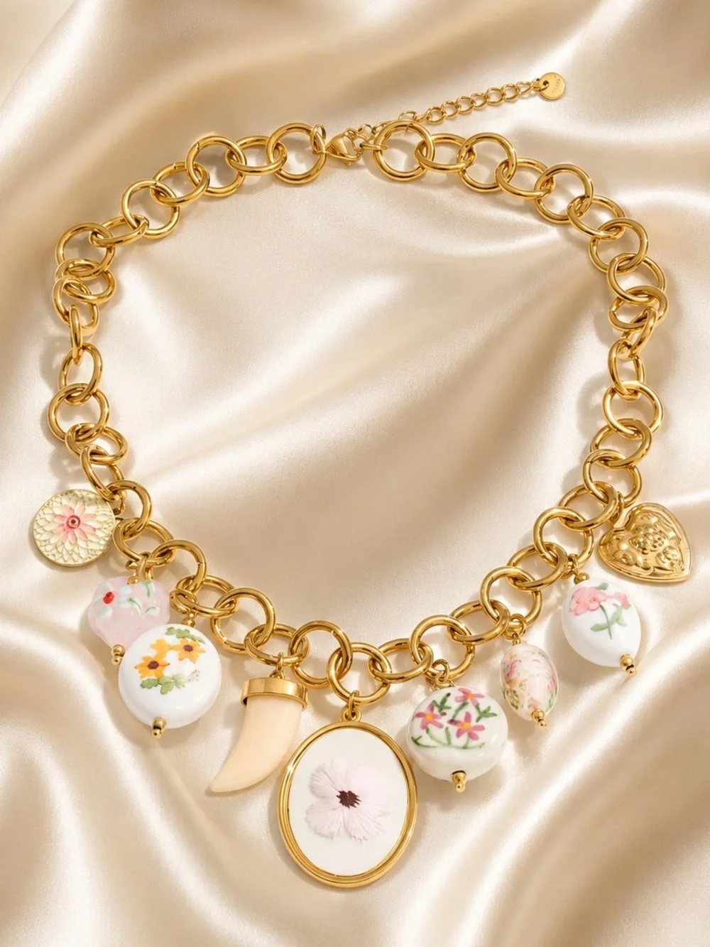 Vintage Floral Porcelain Charm Necklace